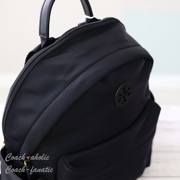 NWT Tory Burch Ella Logo Dual Zip Compartment Nylon Backpack in Black - Picture 11 of 13